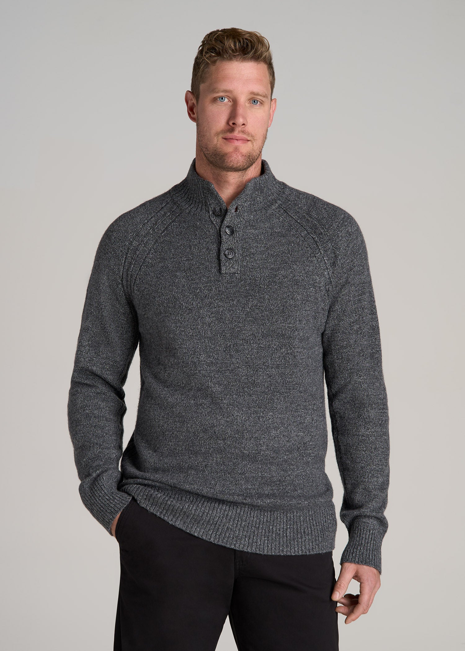 Three-Button Mock Neck Sweater for Tall Men in Grey Marl