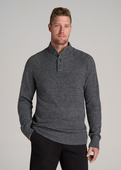 Three-Button Mock Neck Sweater for Tall Men in Grey Marl