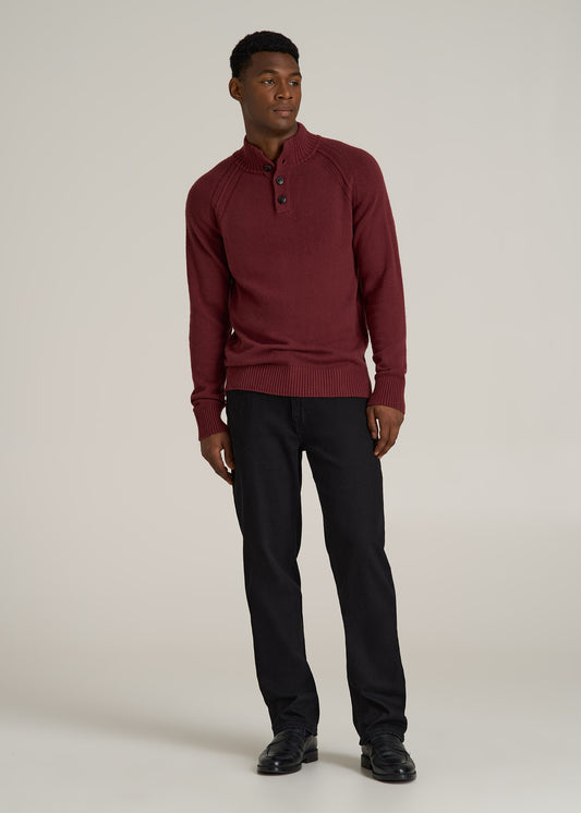 Three Button Mock Neck Tall Men's Sweater in Red Ochre