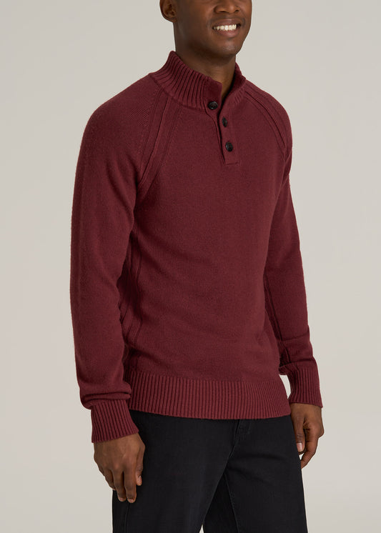 Three Button Mock Neck Tall Men's Sweater in Red Ochre