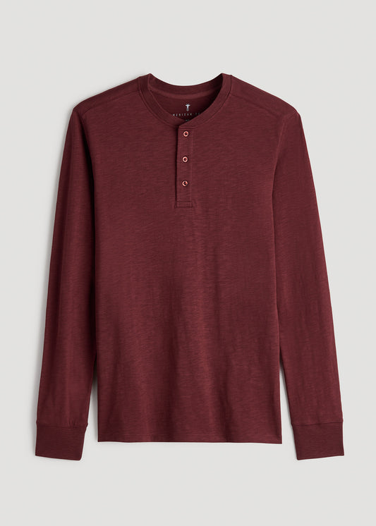 Men's Tall Three Button Long Sleeve Slub Henley in Red Ochre