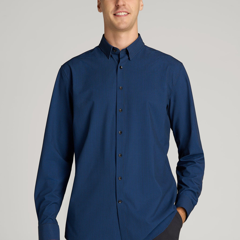men's dress t-shirts Traveler Stretch Dress Shirt in Black and Blue Micro Check