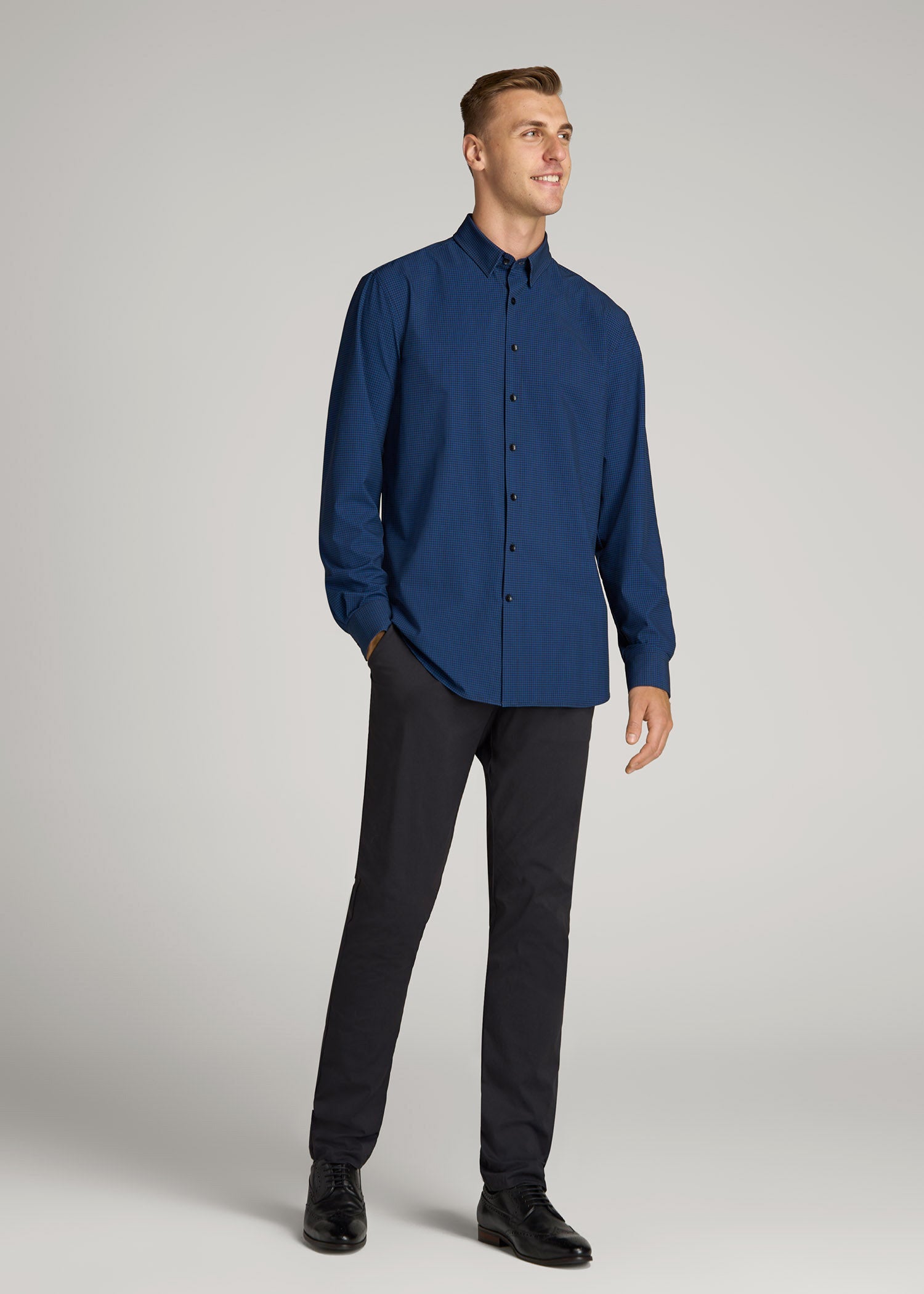 blue dress shirt black pants Traveler Stretch Dress Shirt for Tall Men