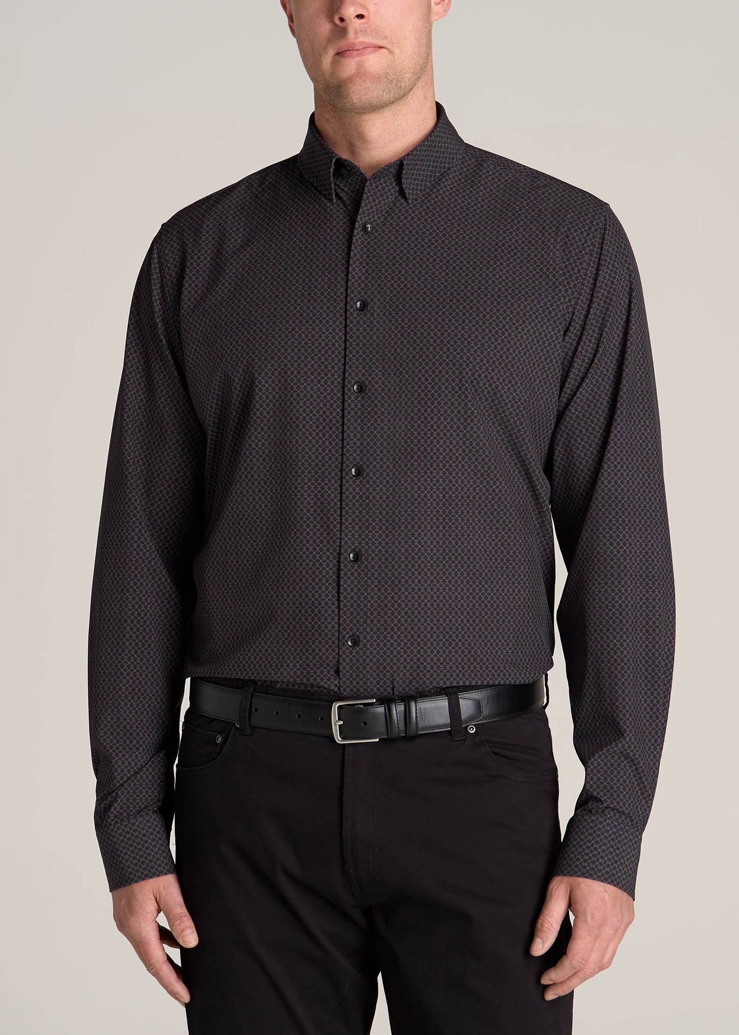 American-Tall-Men-Traveler-Stretch-Dress-Shirt-Black-Multi-front