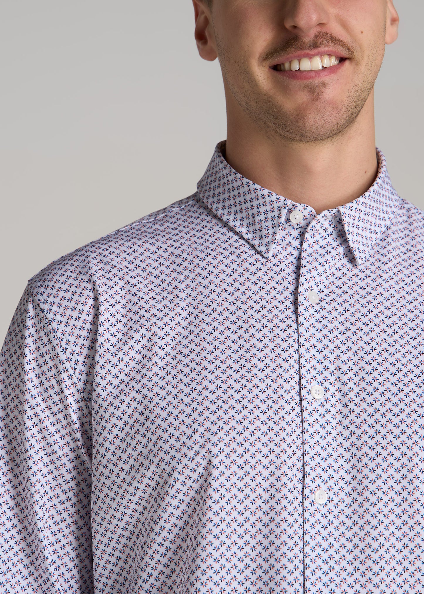 Traveler Stretch Dress Shirt for Tall Men in Blue and Apricot Mini Floral