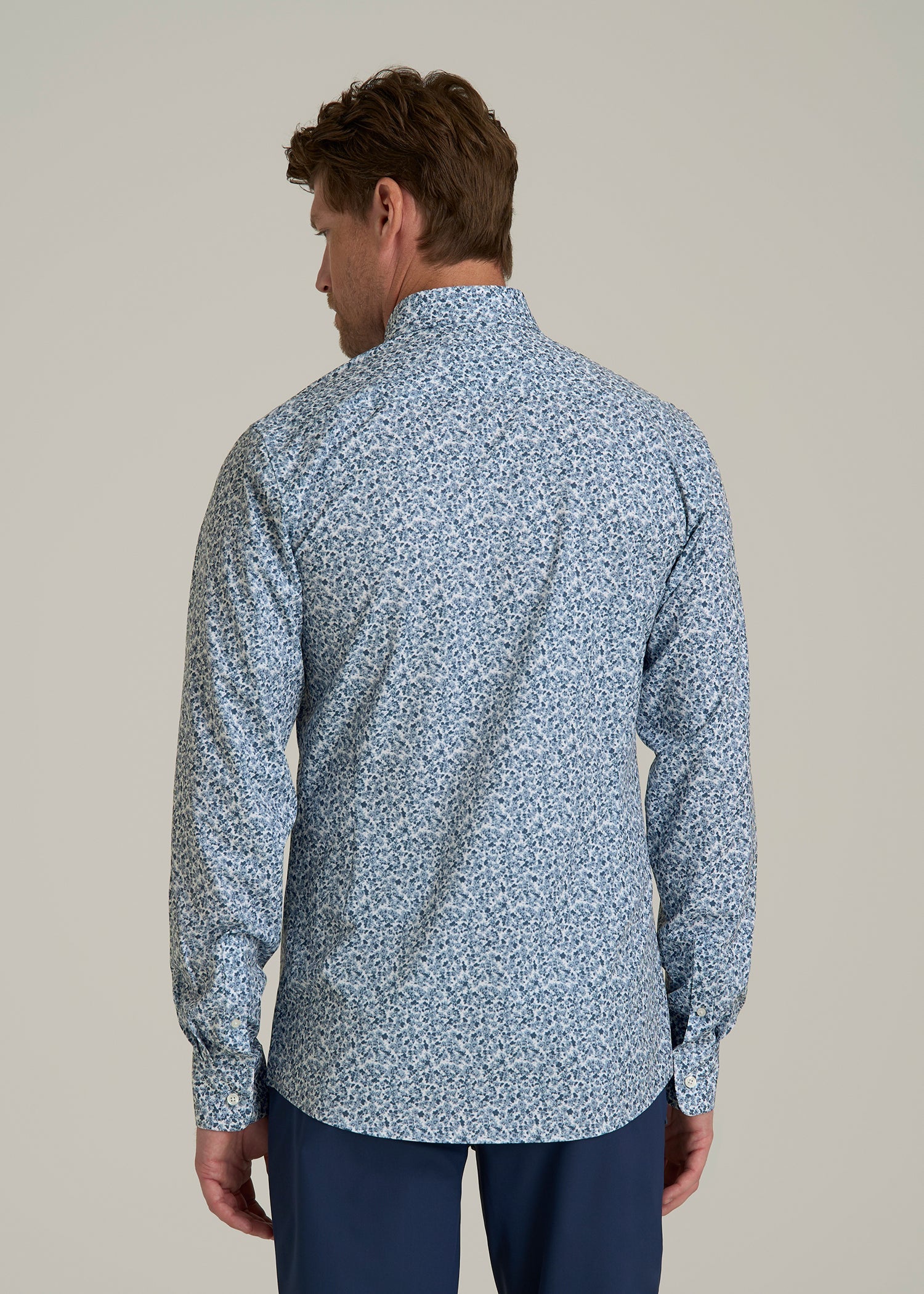 Traveler Stretch Dress Shirt for Tall Men in Blue Scattered Floral