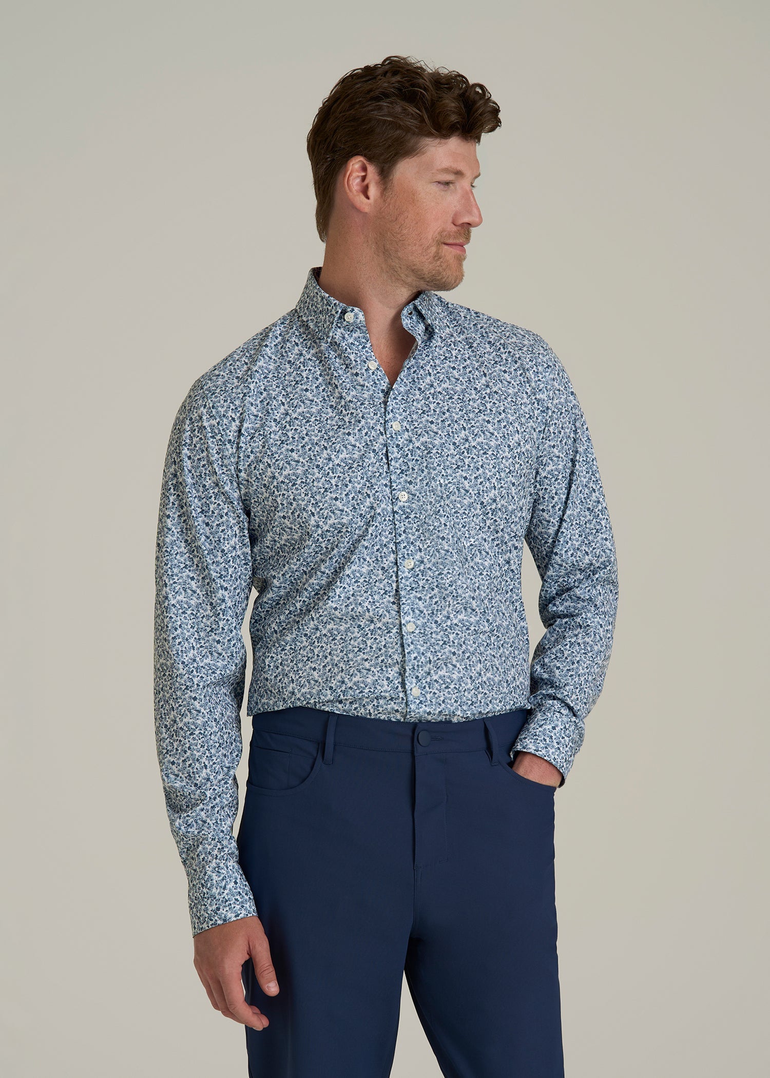 Traveler Stretch Dress Shirt for Tall Men in Blue Scattered Floral