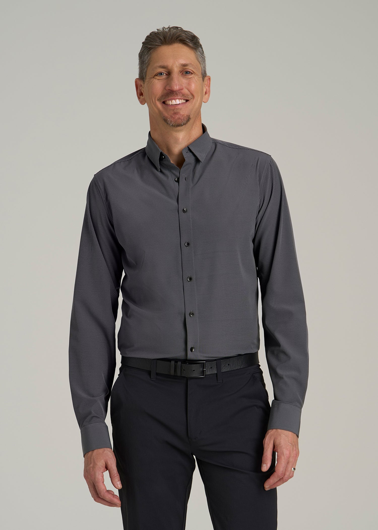 Traveler Stretch Dress Shirt for Tall Men in Charcoal Micro Check