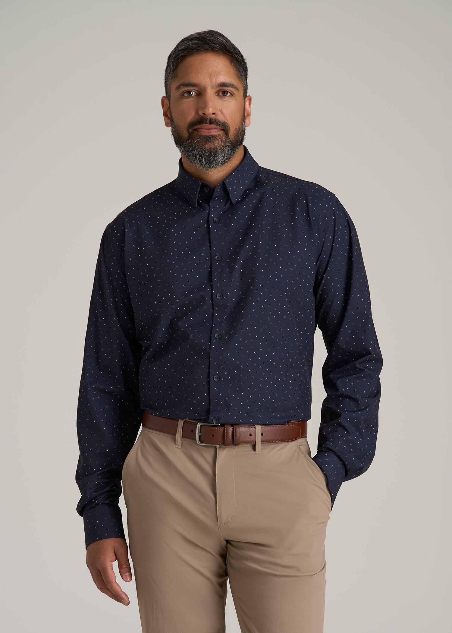 Traveler Stretch Dress Shirt for Tall Men in Dark Blue Floral