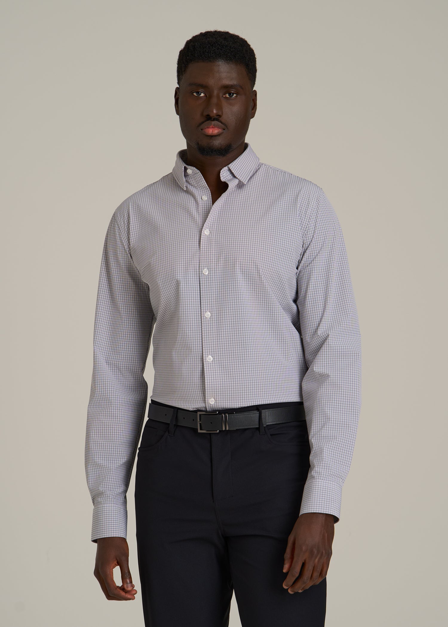 Traveler Stretch Dress Shirt for Tall Men in Grey Mini Plaid