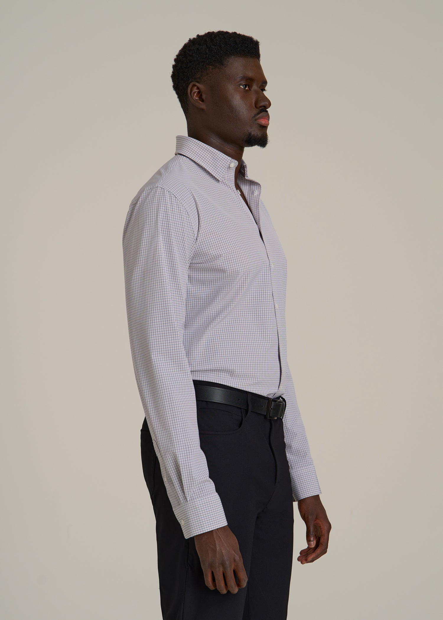 Traveler Stretch Dress Shirt for Tall Men in Grey Mini Plaid