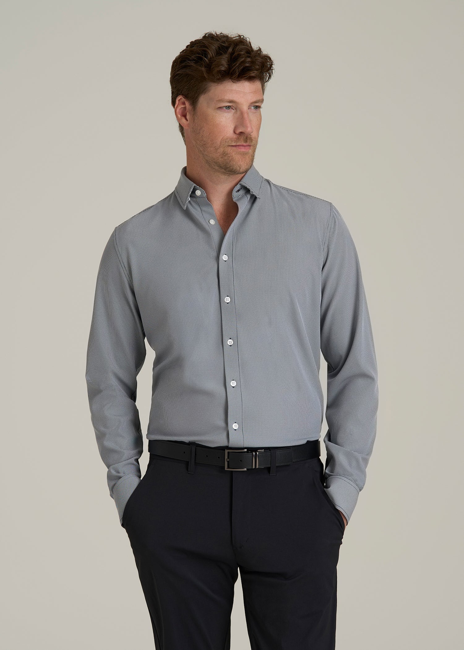 Traveler Stretch Dress Shirt for Tall Men in Navy and White Houndstooth