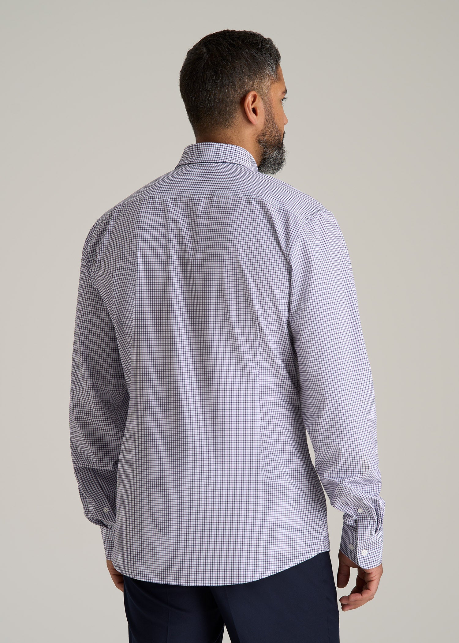 Traveler Stretch Dress Shirt for Tall Men in Plum and Black Grid