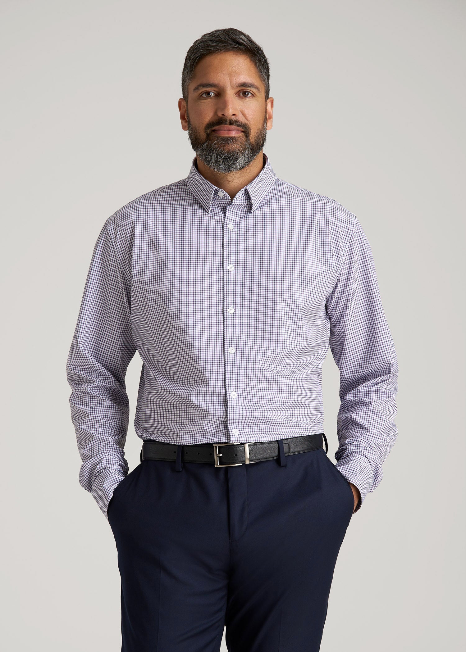 Traveler Stretch Dress Shirt in Plum and Black Grid