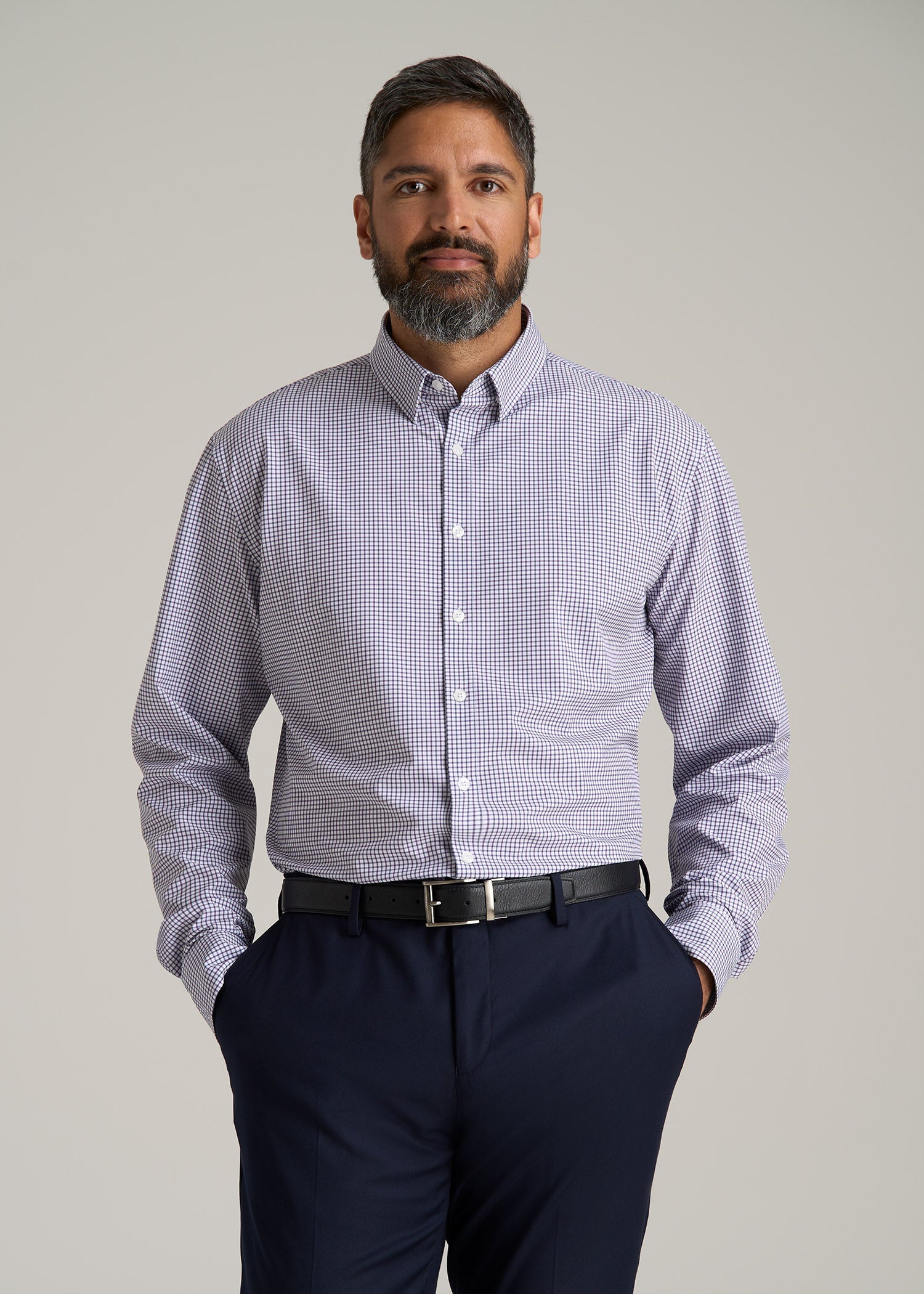 Traveler Stretch Dress Shirt for Tall Men in Plum and Black Grid