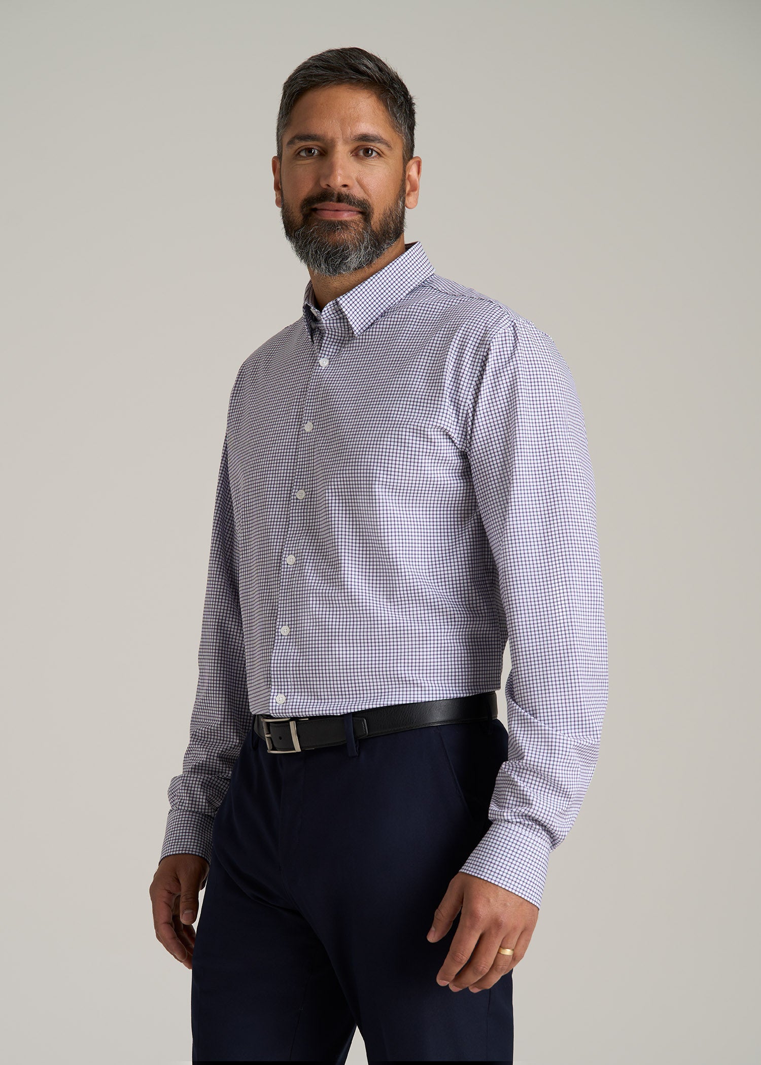 Traveler Stretch Dress Shirt for Tall Men in Plum and Black Grid