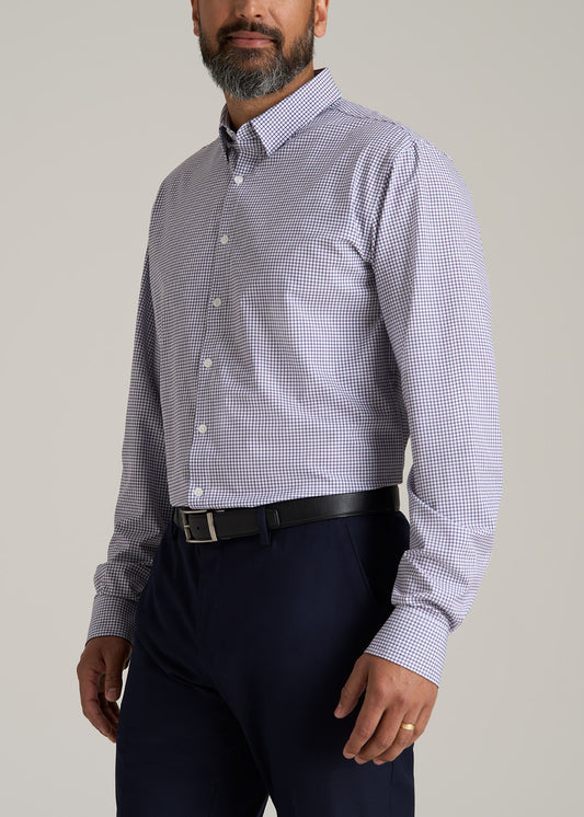 Traveler Stretch Dress Shirt for Tall Men in Plum and Black Grid