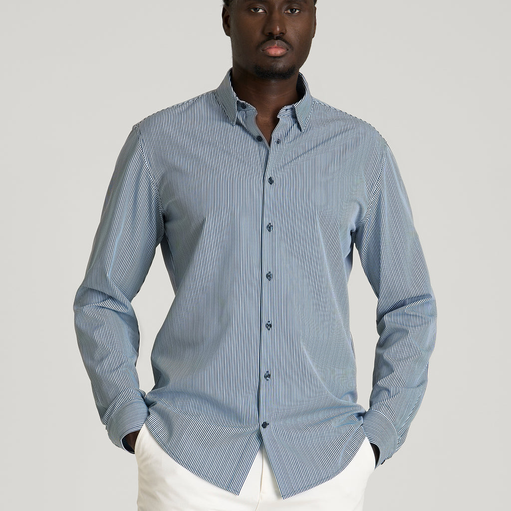 Traveler Stretch Dress Shirt for Tall Men in Royal Navy Stripe 2XL / Semi Tall / Royal Navy Stripe