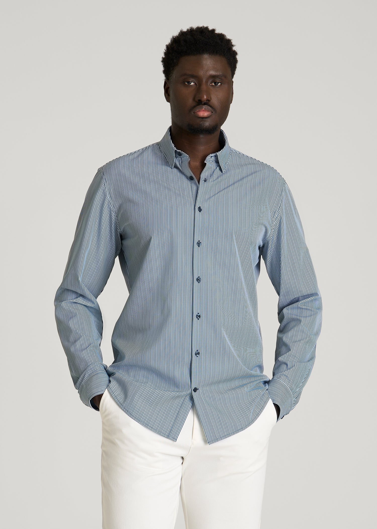 Traveler Stretch Dress Shirt for Tall Men in Royal Navy Stripe 2XL / Semi Tall / Royal Navy Stripe