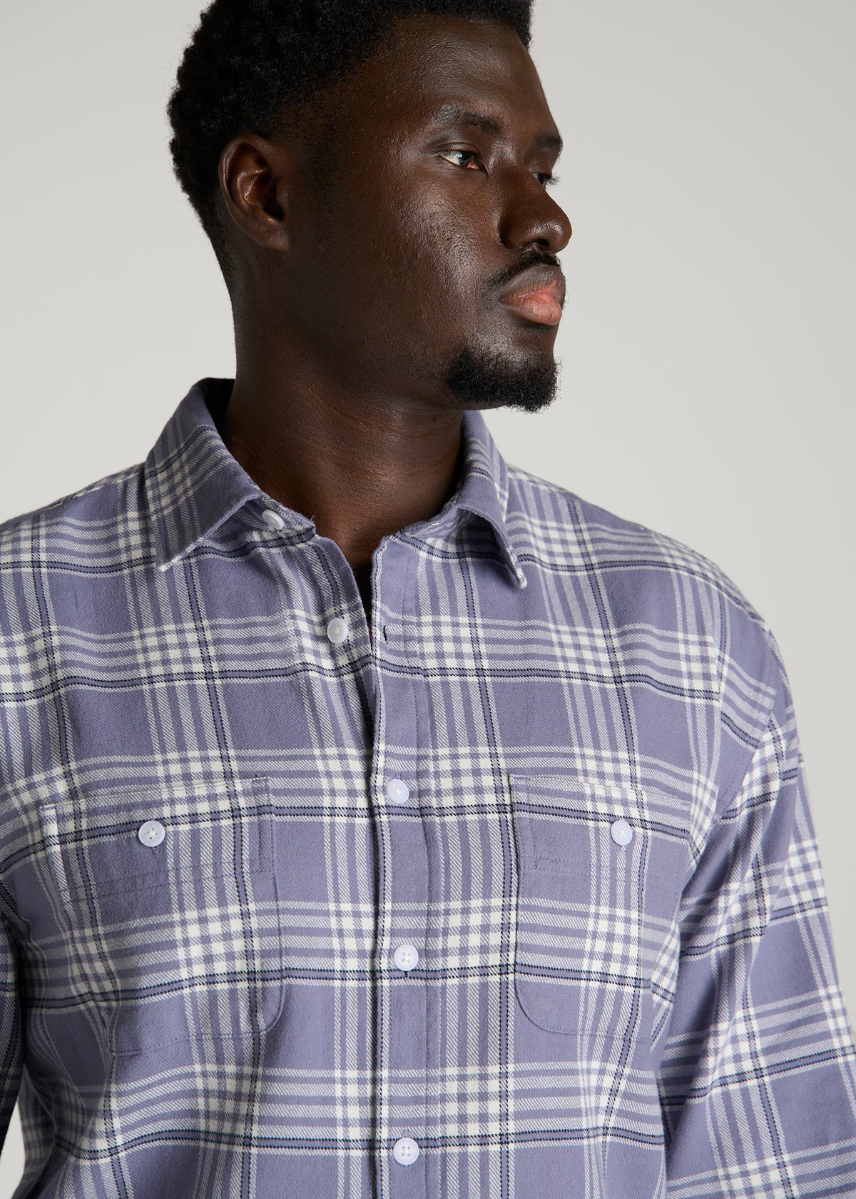Twin Pocket Flannel Button Shirt for Tall Men in Blue Granite Plaid
