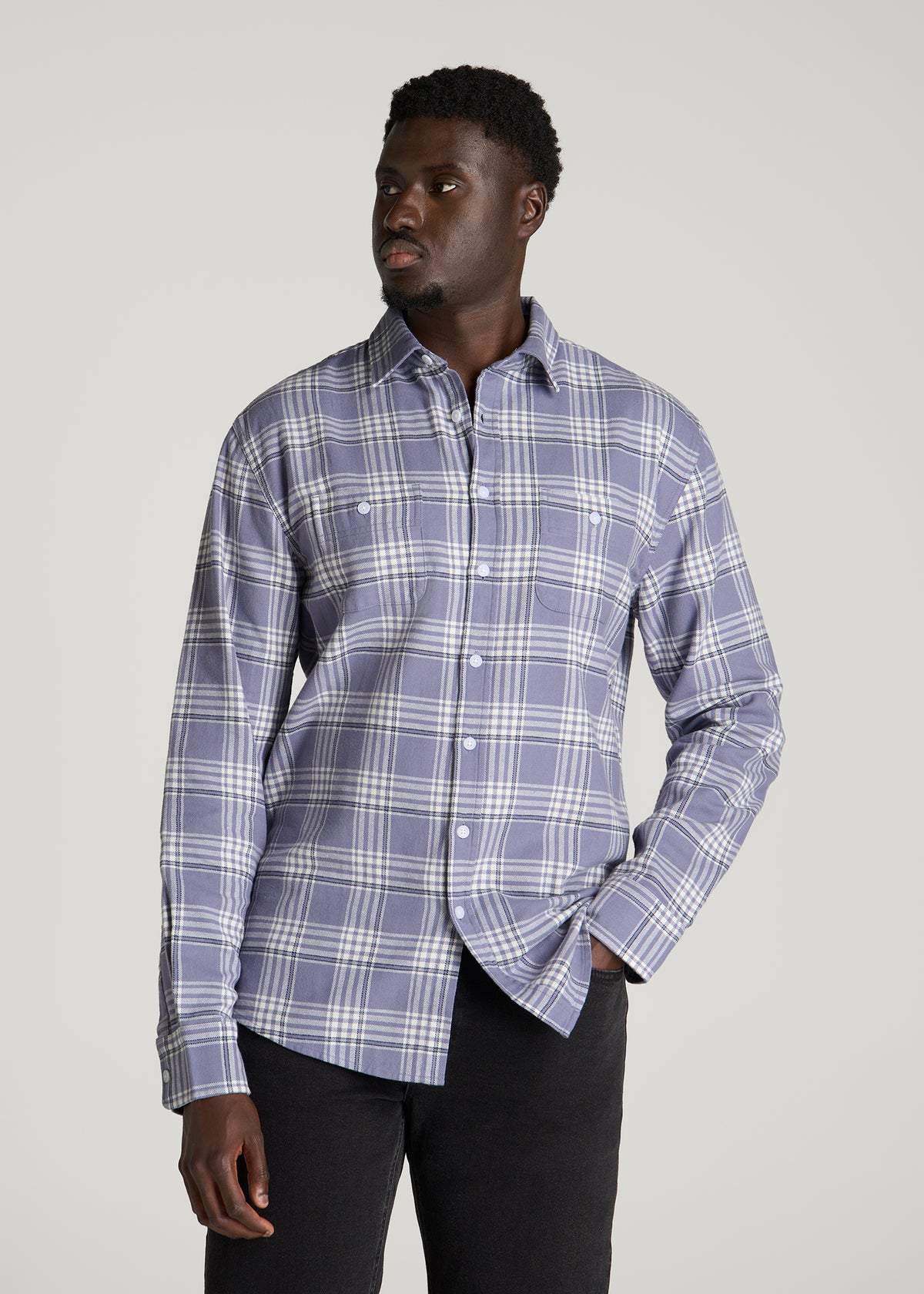 Twin Pocket Flannel Button Shirt for Tall Men in Blue Granite Plaid