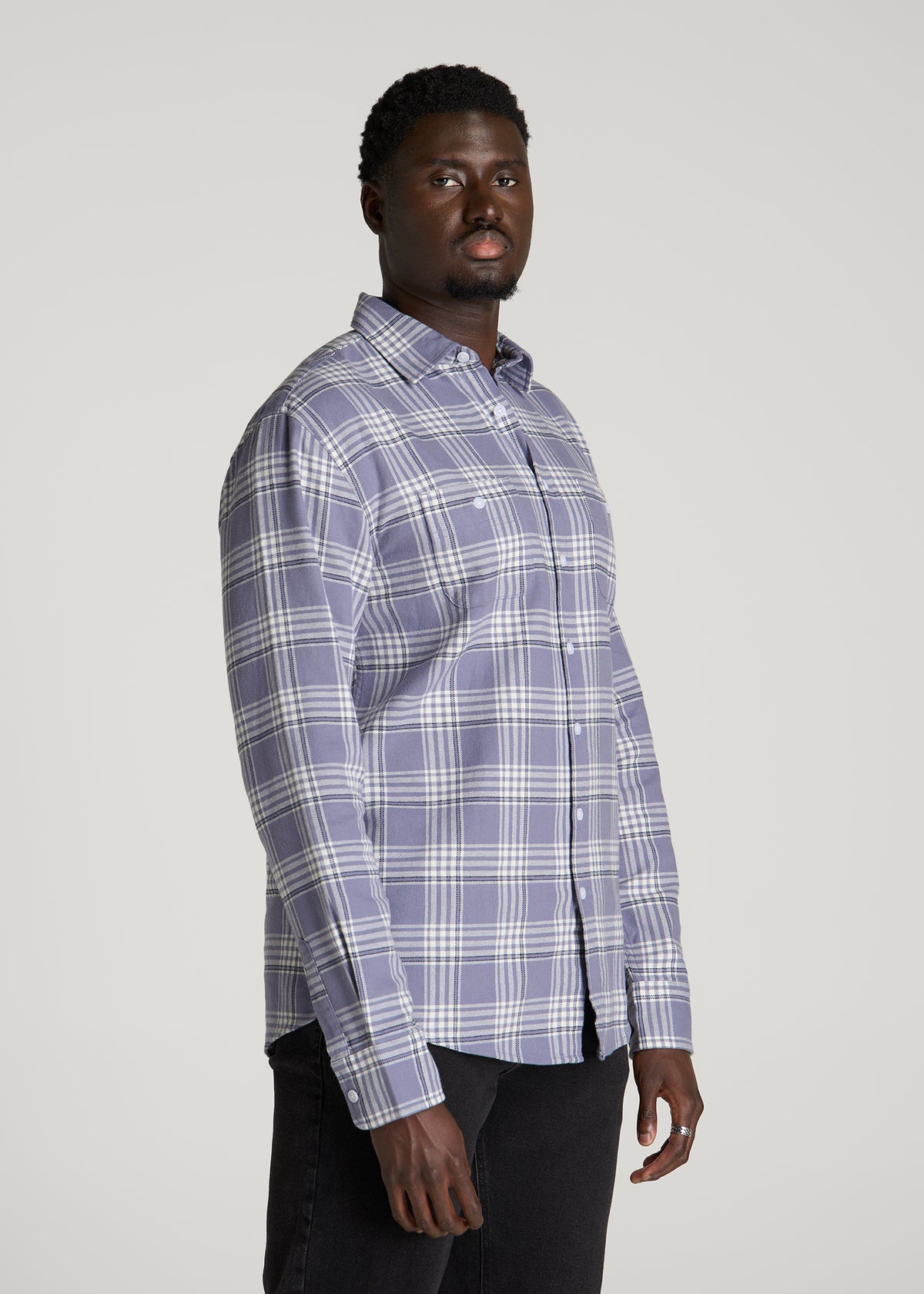 Twin Pocket Flannel Button Shirt for Tall Men in Blue Granite Plaid