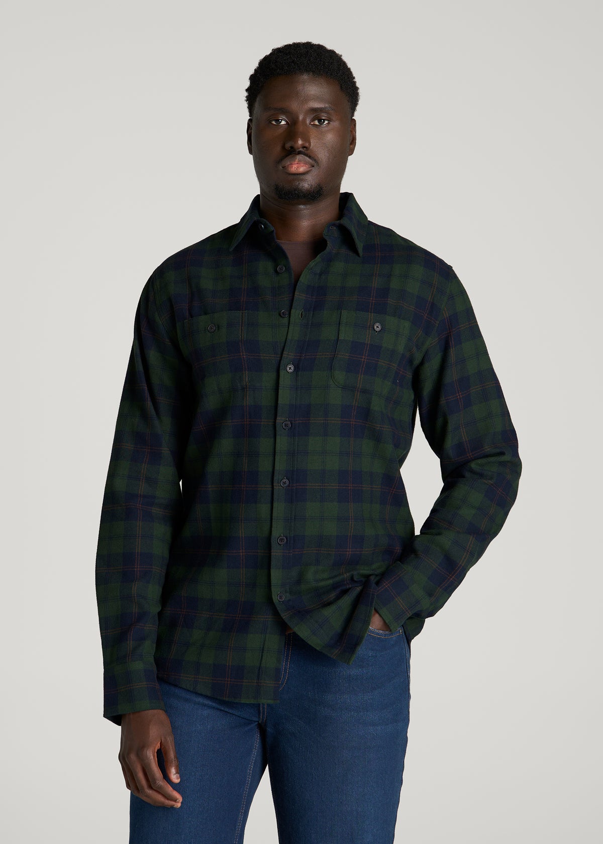 Twin Pocket Flannel Button Shirt for Tall Men in Boreal Forest Tartan