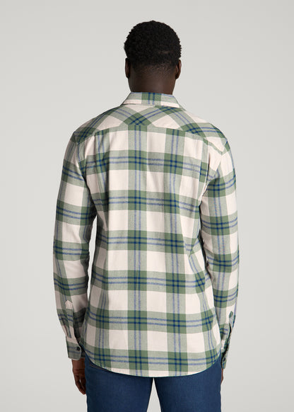 Twin Pocket Flannel Button Shirt for Tall Men in Dark Seagrass Plaid