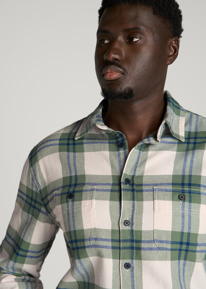 Twin Pocket Flannel Button Shirt for Tall Men in Dark Seagrass Plaid