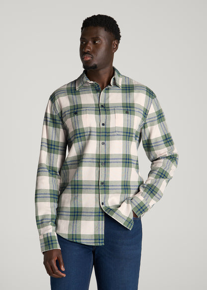 Twin Pocket Flannel Button Shirt for Tall Men in Dark Seagrass Plaid