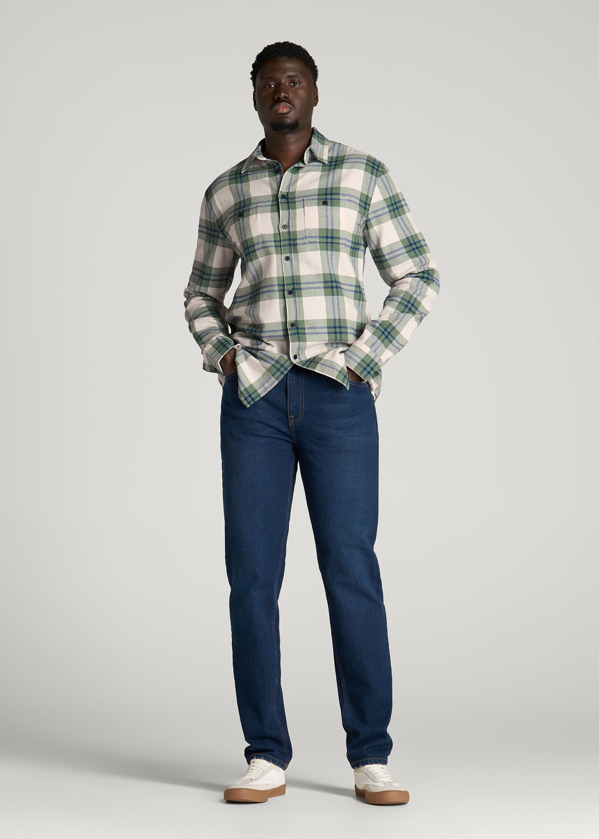 Twin Pocket Flannel Button Shirt for Tall Men in Dark Seagrass Plaid