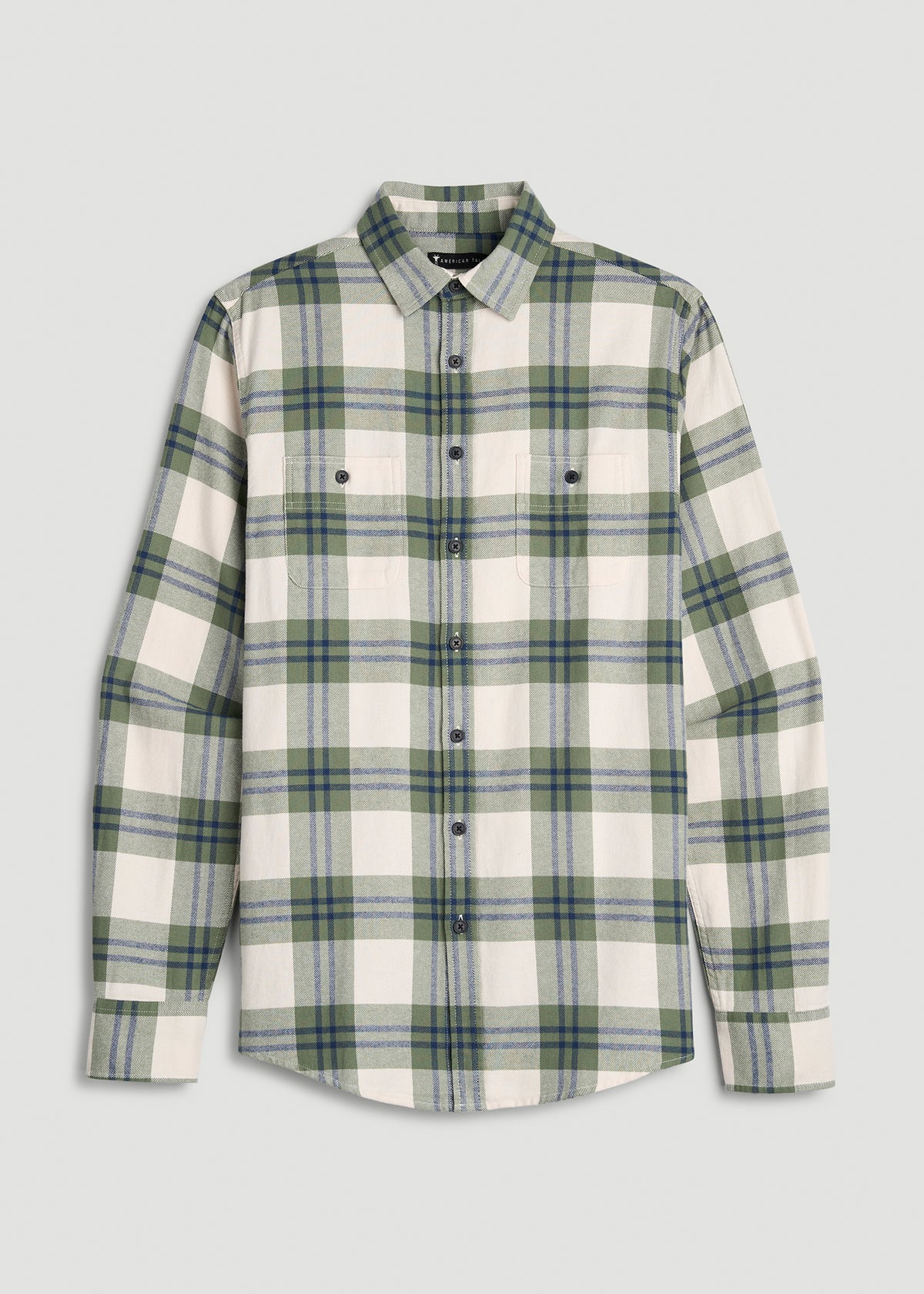 Twin Pocket Flannel Button Shirt for Tall Men in Dark Seagrass Plaid