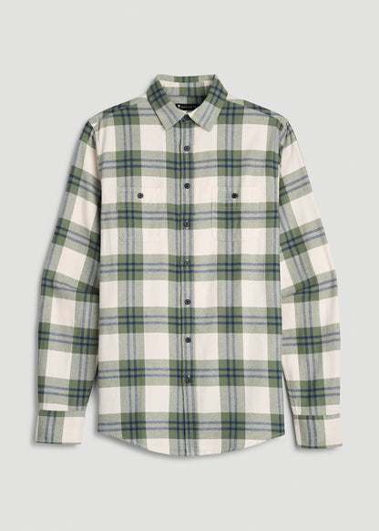 Twin Pocket Flannel Button Shirt for Tall Men in Dark Seagrass Plaid