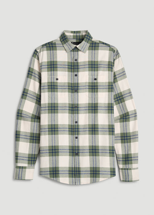 Twin Pocket Flannel Button Shirt for Tall Men in Dark Seagrass Plaid