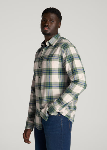 Twin Pocket Flannel Button Shirt for Tall Men in Dark Seagrass Plaid