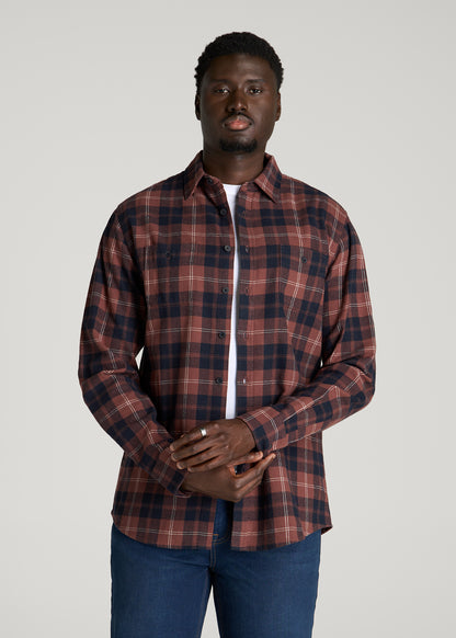 Twin Pocket Flannel Button Shirt for Tall Men in Marron Plaid