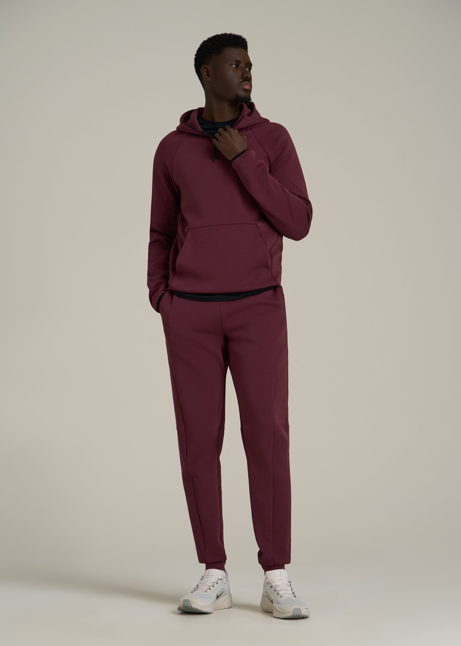 Tech Motion Fleece Hooded Popover for Tall Men in Tawny Port