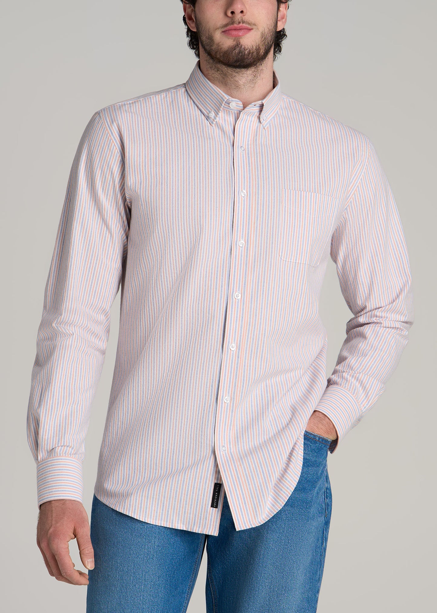 Washed Oxford Shirt for Tall Men in Apricot and Blue Multi Stripe