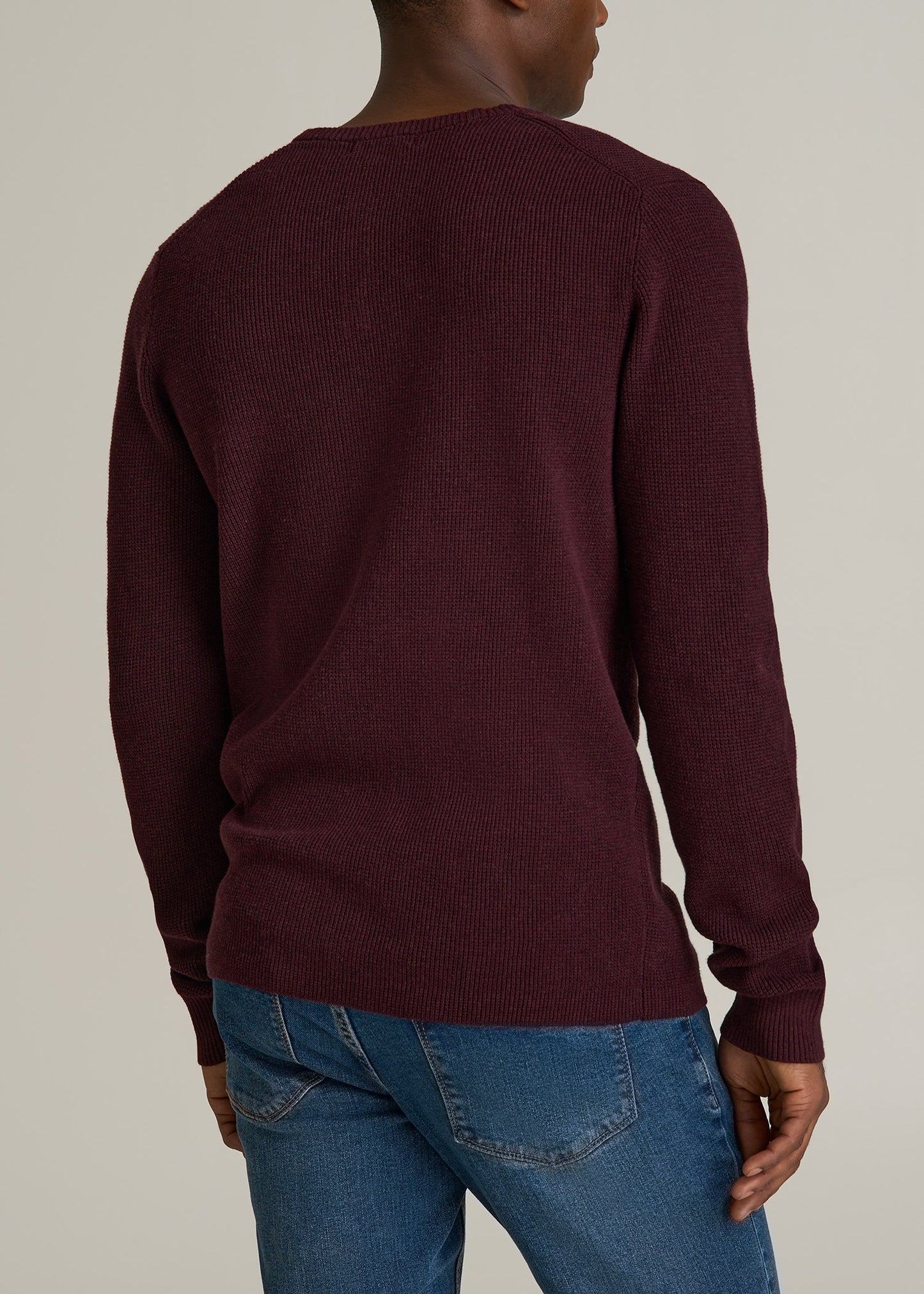 Waffle Knit Henley Sweater for Tall Men in Burgundy Mix