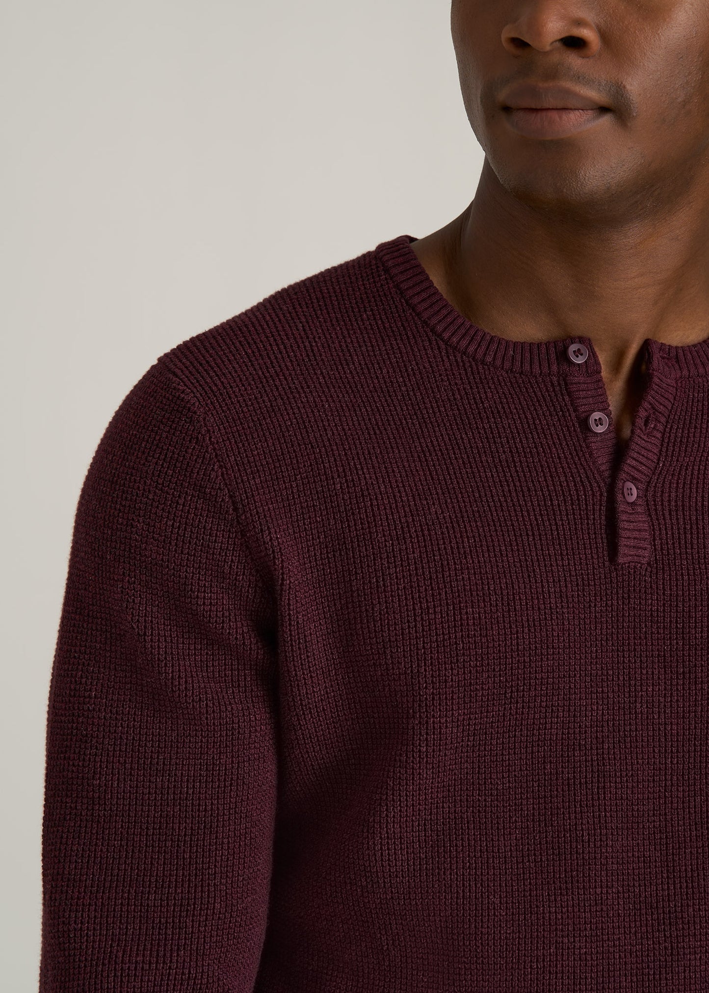 Waffle Knit Henley Sweater for Tall Men in Burgundy Mix