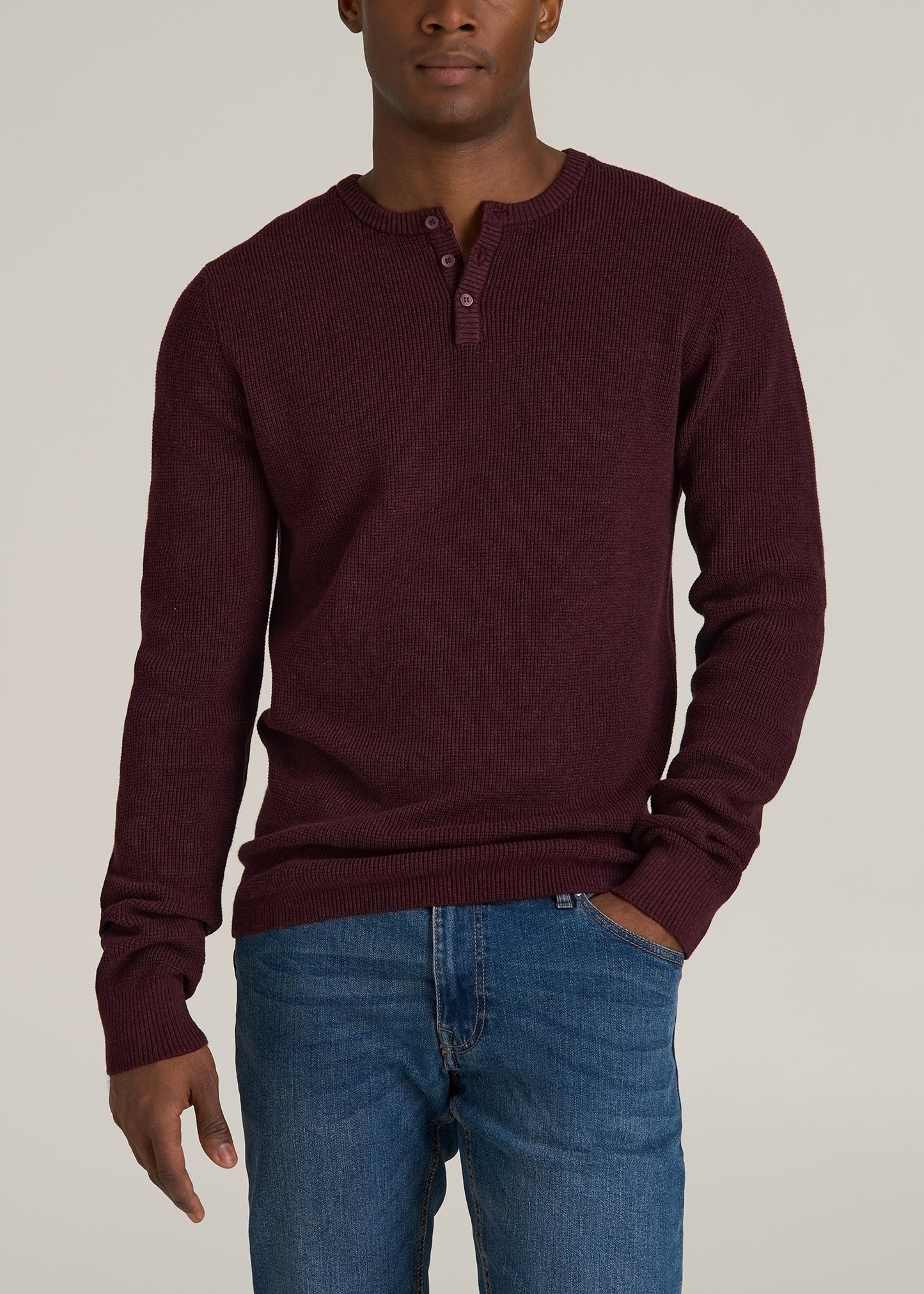 Waffle Knit Henley Sweater for Tall Men in Burgundy Mix