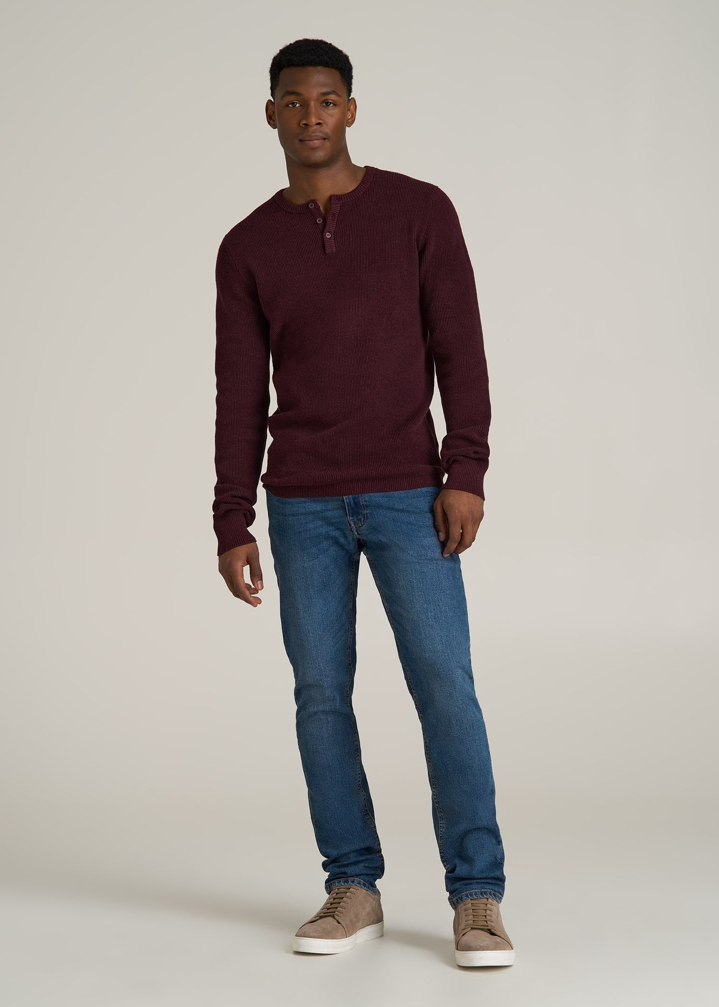 Waffle Knit Henley Sweater for Tall Men in Burgundy Mix