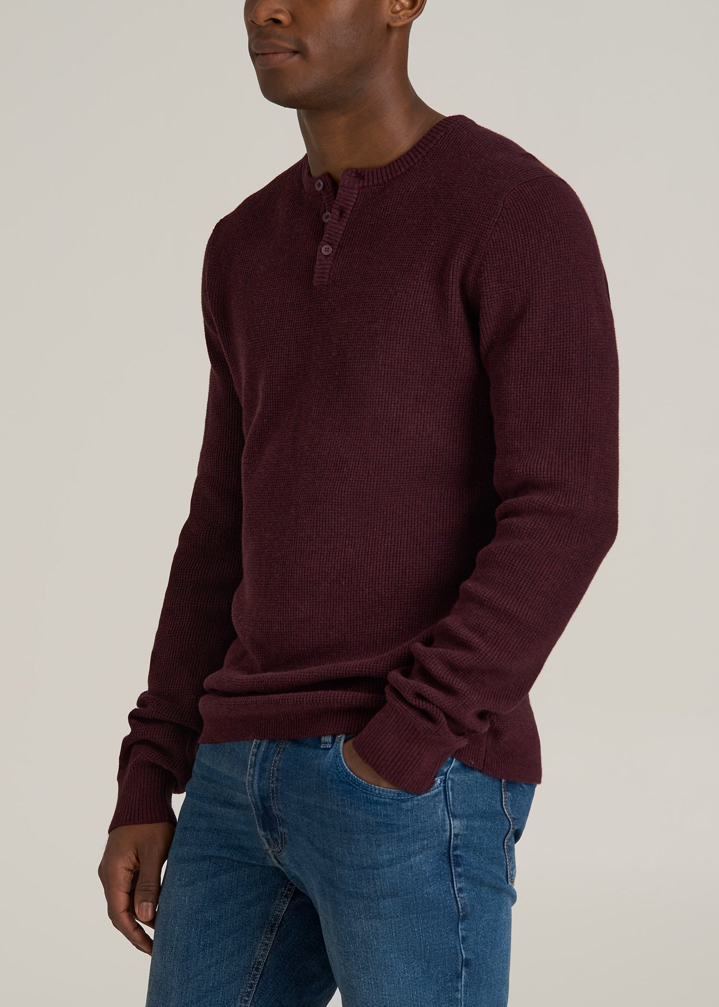 Waffle Knit Henley Sweater for Tall Men in Burgundy Mix