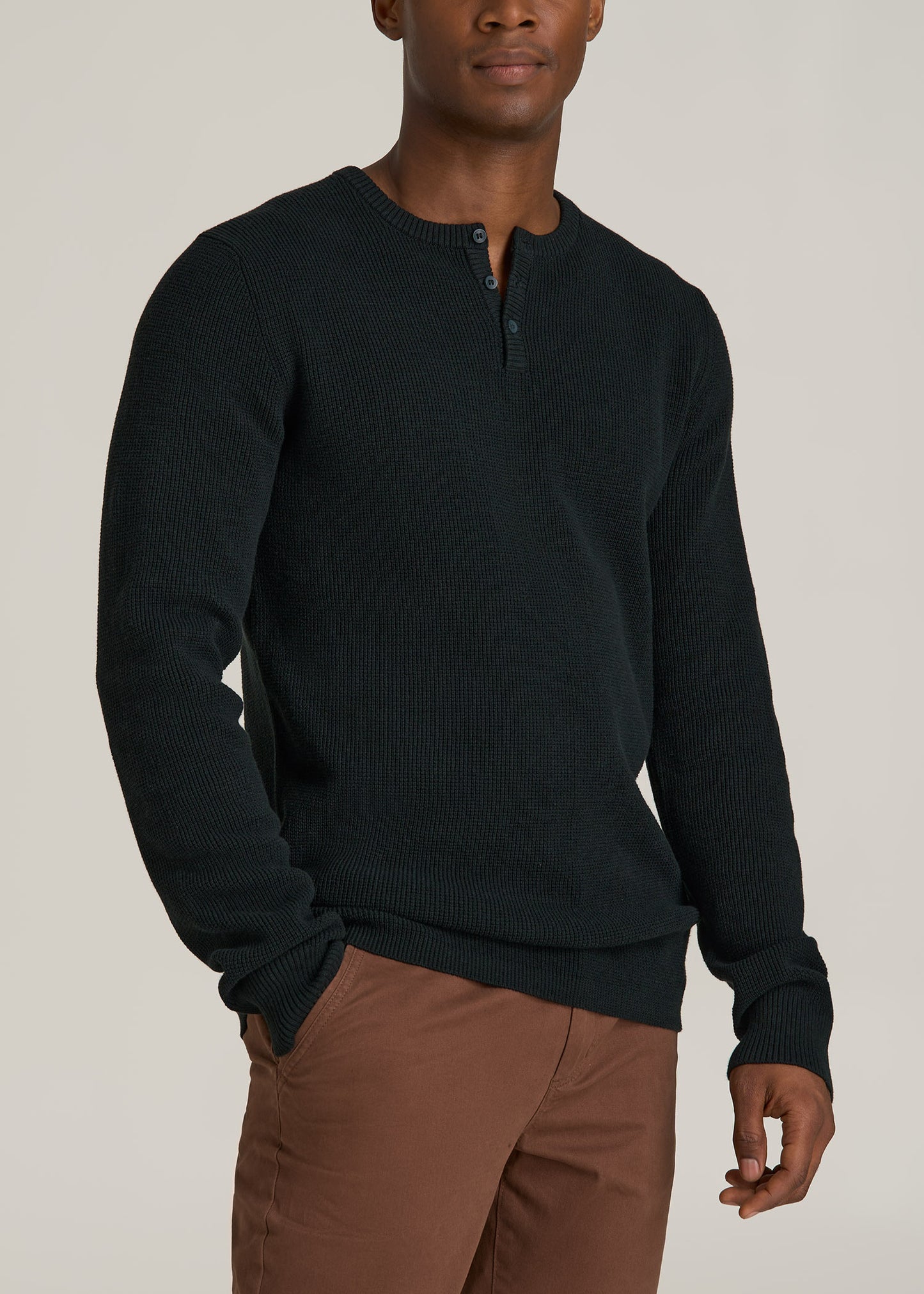 Waffle Knit Henley Sweater for Tall Men in Midnight Green