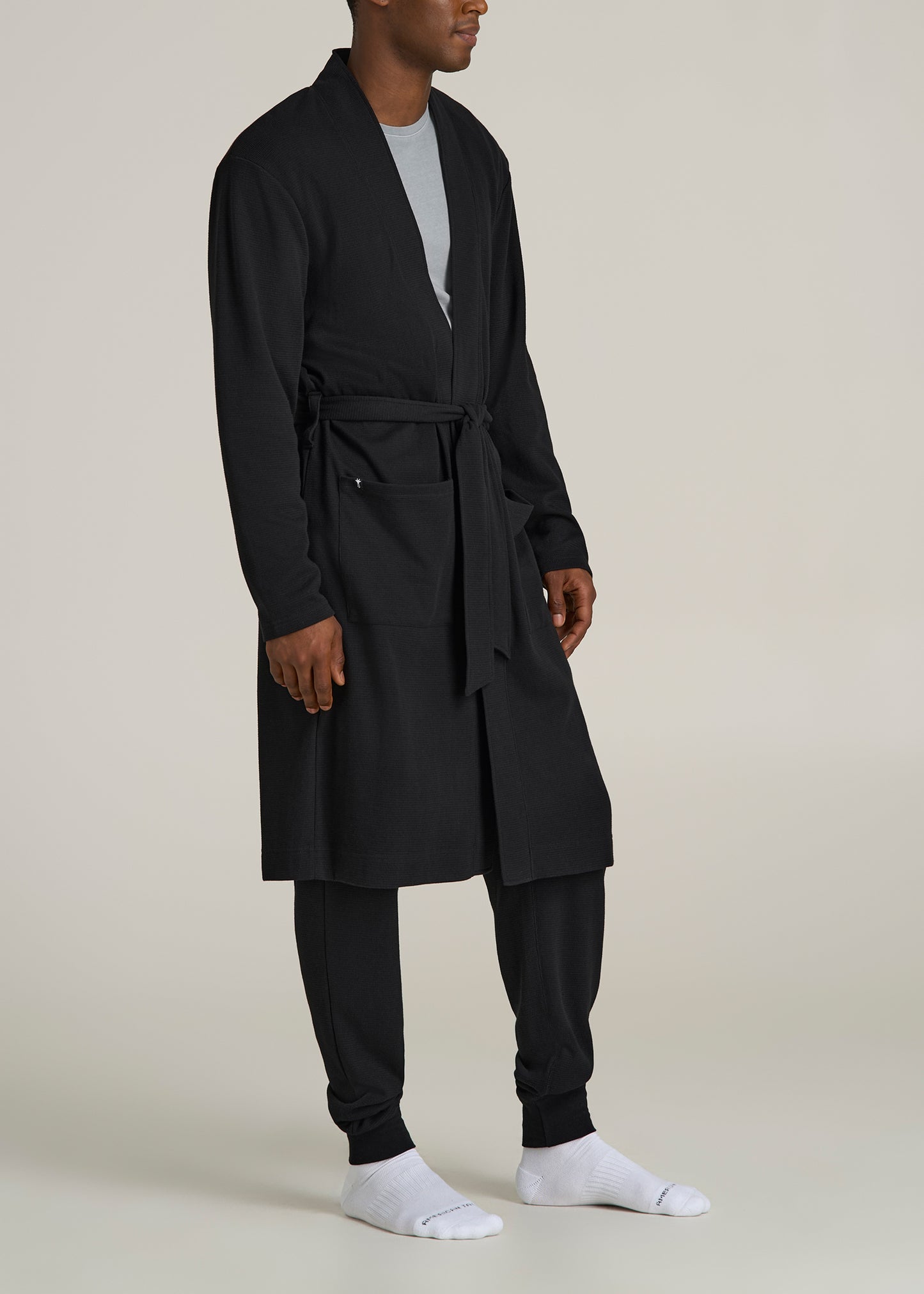 Waffle-Knit Lounge Robe for Tall Men in Black