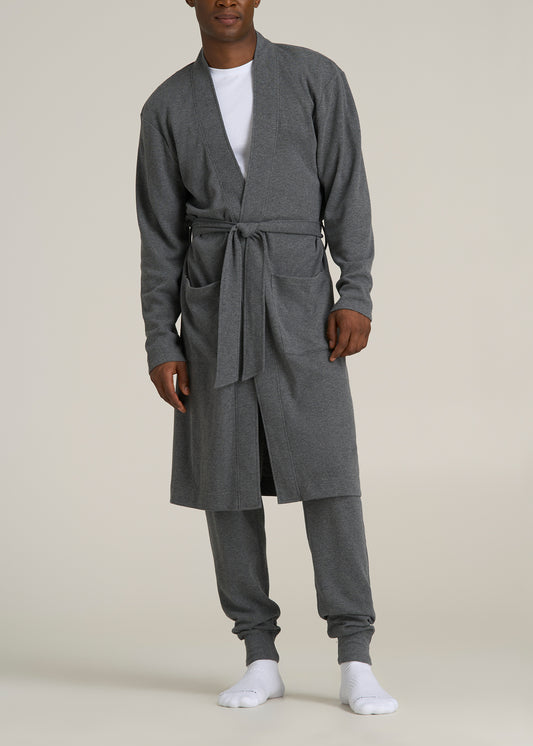 Waffle-Knit Lounge Robe for Tall Men in Stone Grey Mix