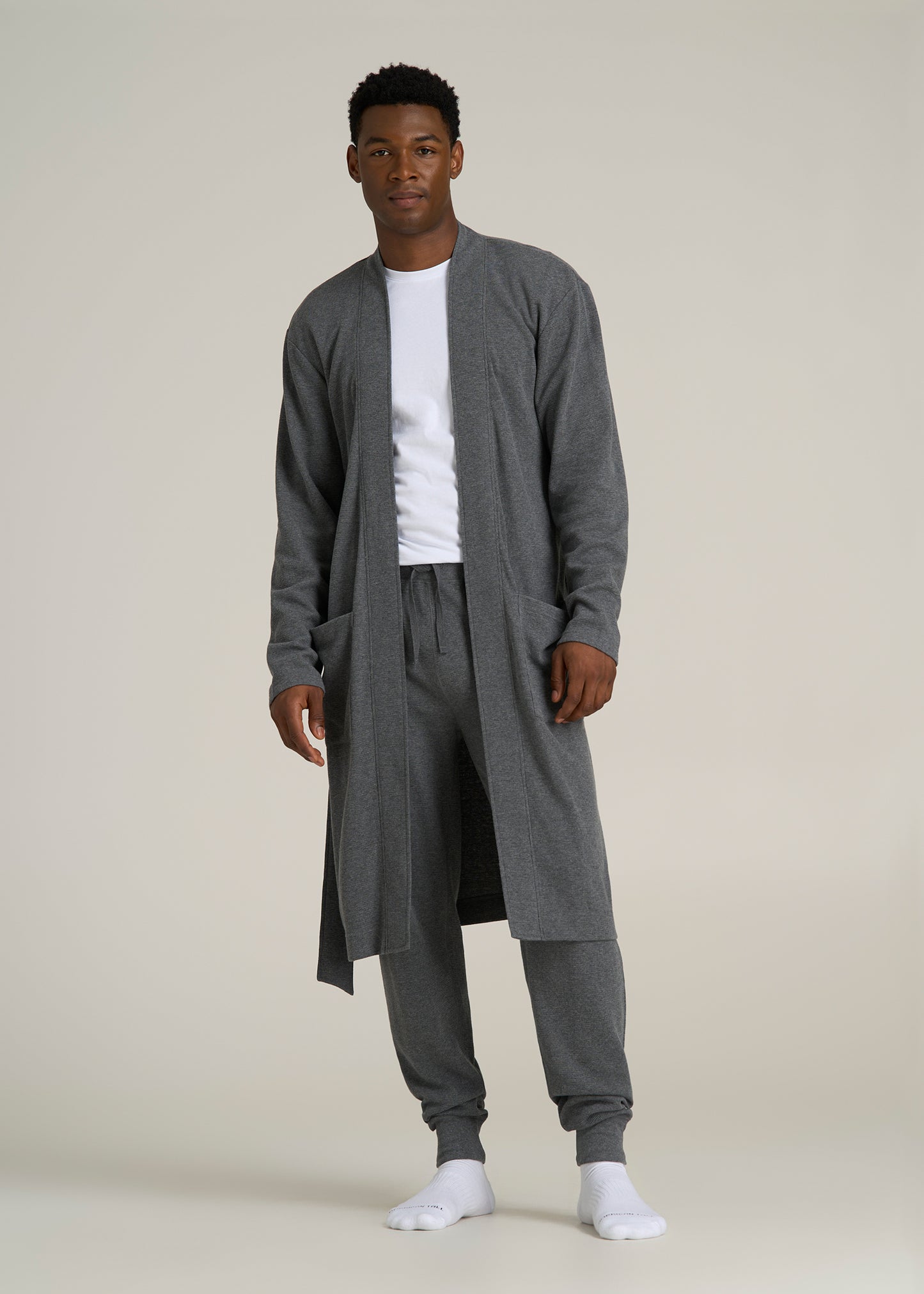 Waffle-Knit Lounge Robe for Tall Men in Stone Grey Mix