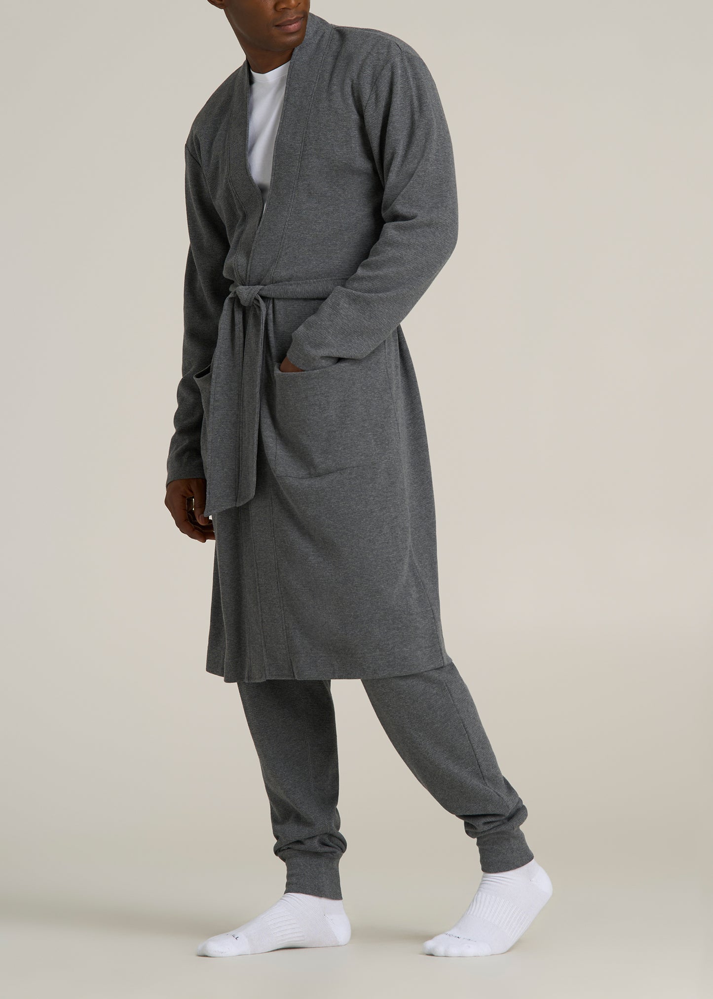 Waffle-Knit Lounge Robe for Tall Men in Stone Grey Mix