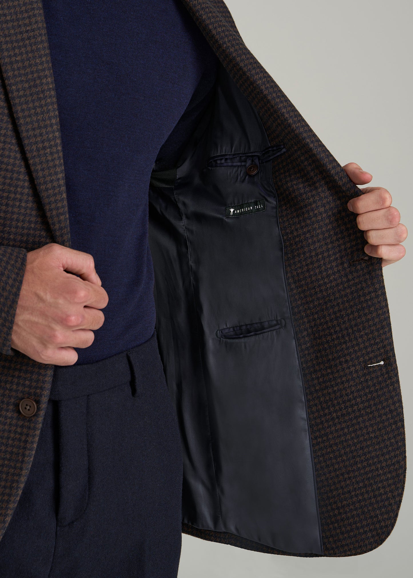 Wool Blend Blazer for Tall Men in Indigo and Brown Houndstooth