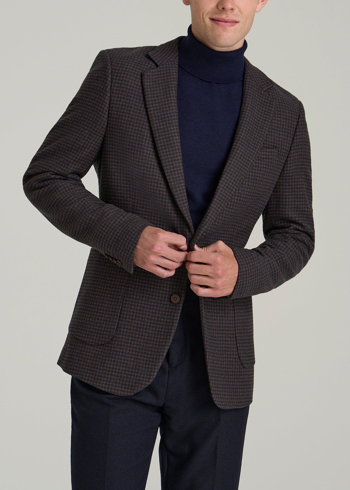 Wool Blend Blazer for Tall Men in Indigo and Brown Houndstooth